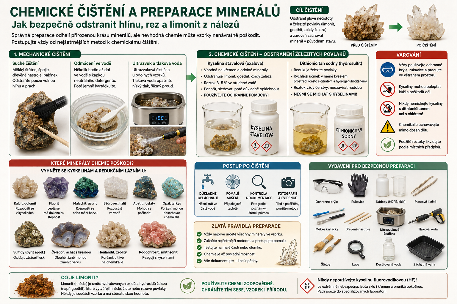 Čištění minerálů od rzi a limonitu | Kyselina šťavelová | Gaia minerály